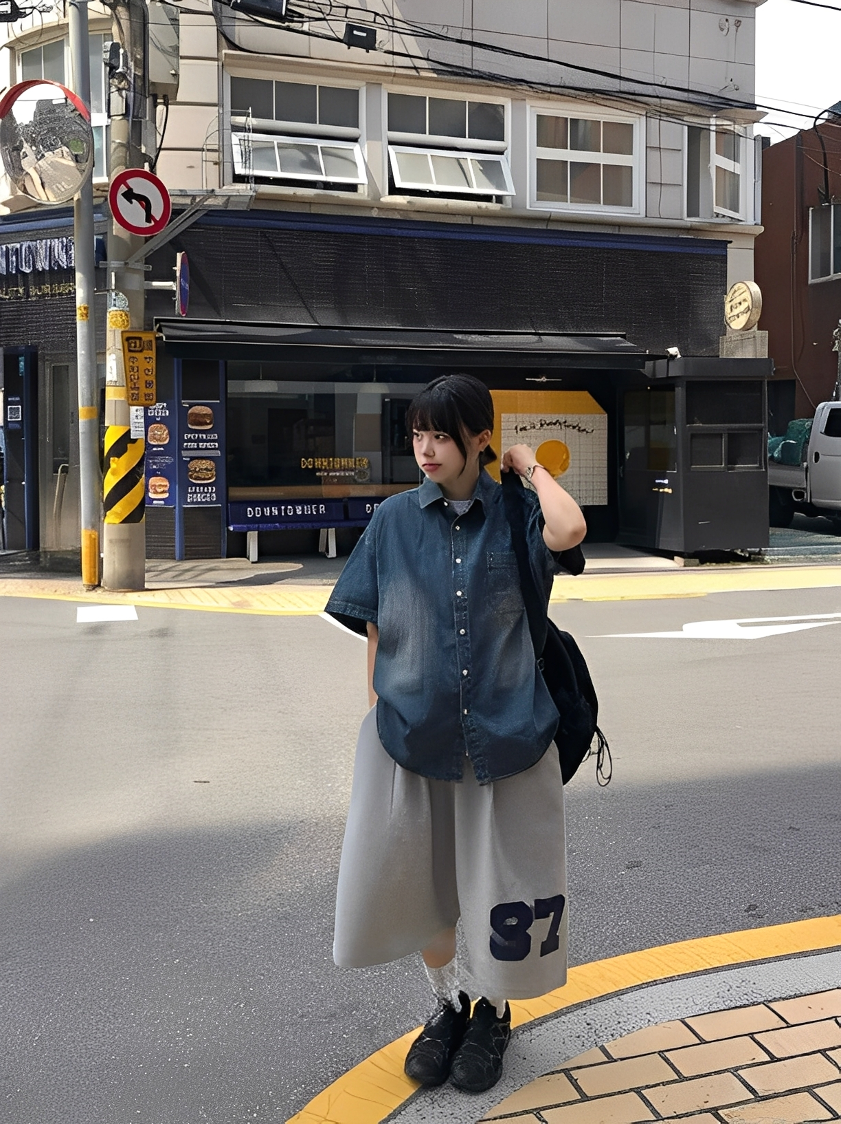 Brushed denim short-sleeved shirt
