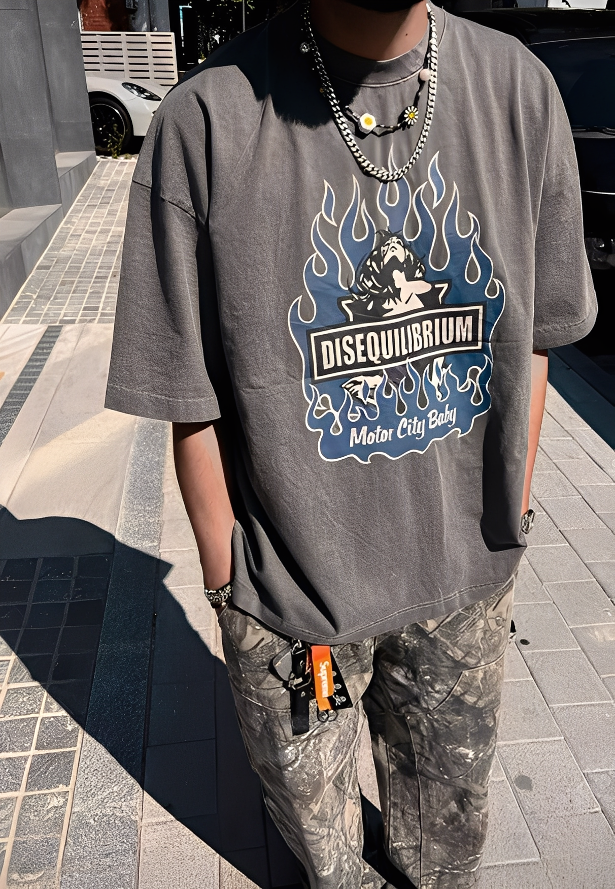 Blue flame pigment short-sleeved T-shirt